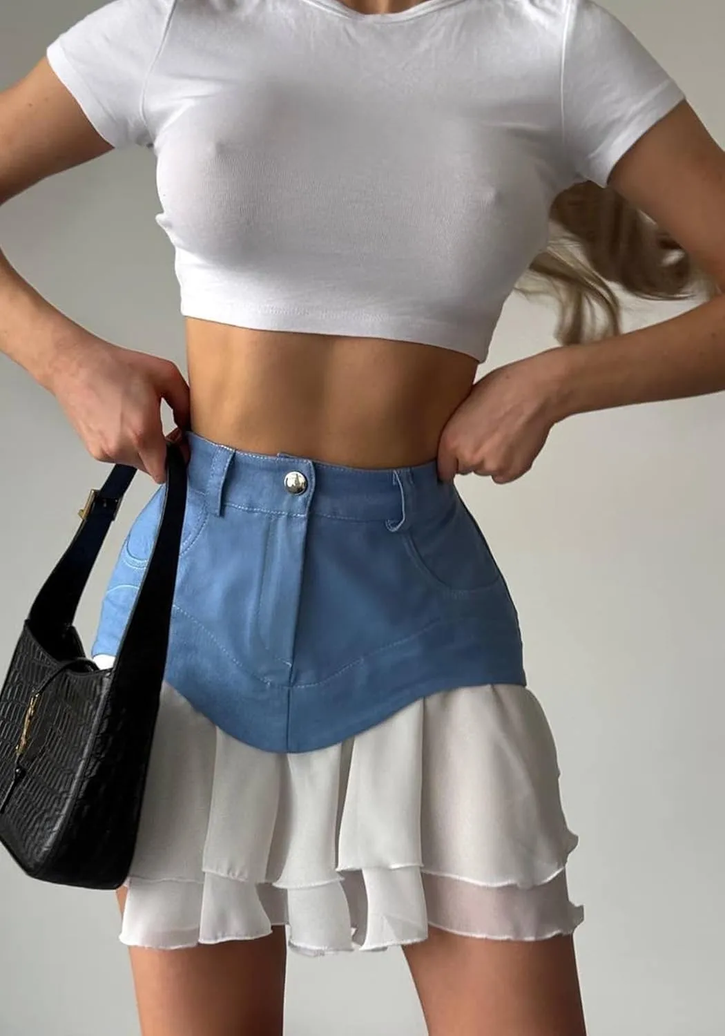 Unybwonn Pleated Denim Skirt Ruffle Flared Flowy Patchwork Jean Mini Skirt High Waist A-Line Y2k Short Skirt