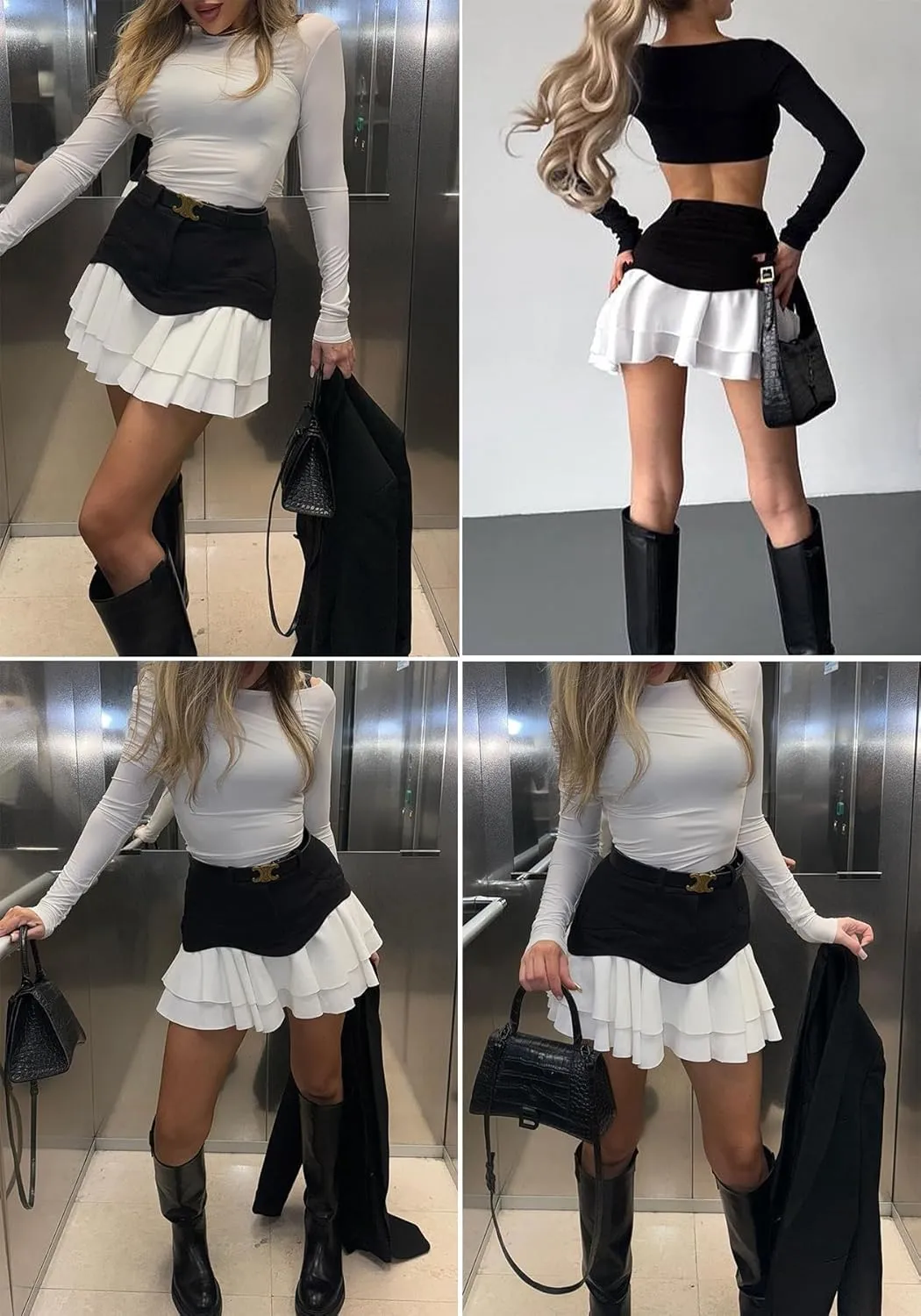 Unybwonn Pleated Denim Skirt Ruffle Flared Flowy Patchwork Jean Mini Skirt High Waist A-Line Y2k Short Skirt