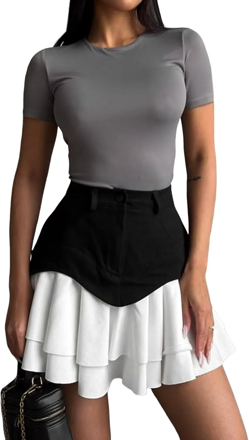 Unybwonn Pleated Denim Skirt Ruffle Flared Flowy Patchwork Jean Mini Skirt High Waist A-Line Y2k Short Skirt