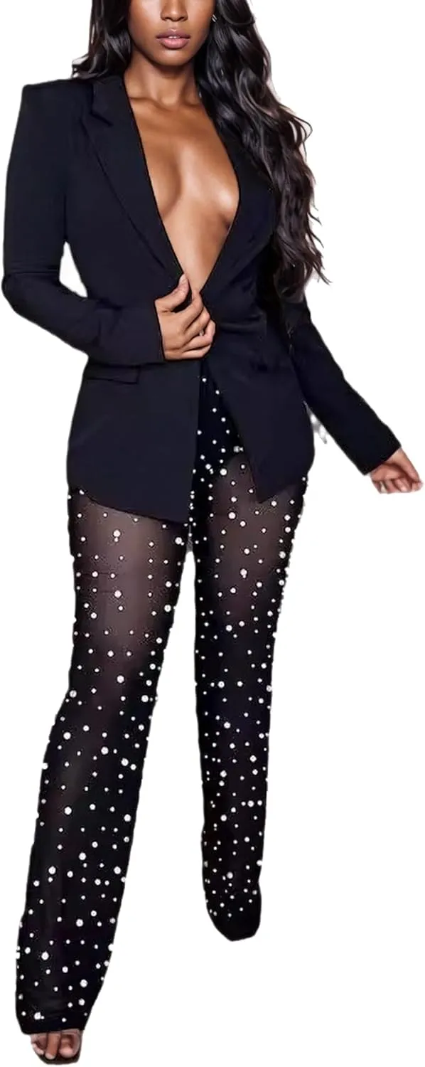 Vakkest Womens 2 Piece Outfits Suits Sheer Mesh Bead Pants and Long Sleeve Business Casual Office Work Blazer Sets
