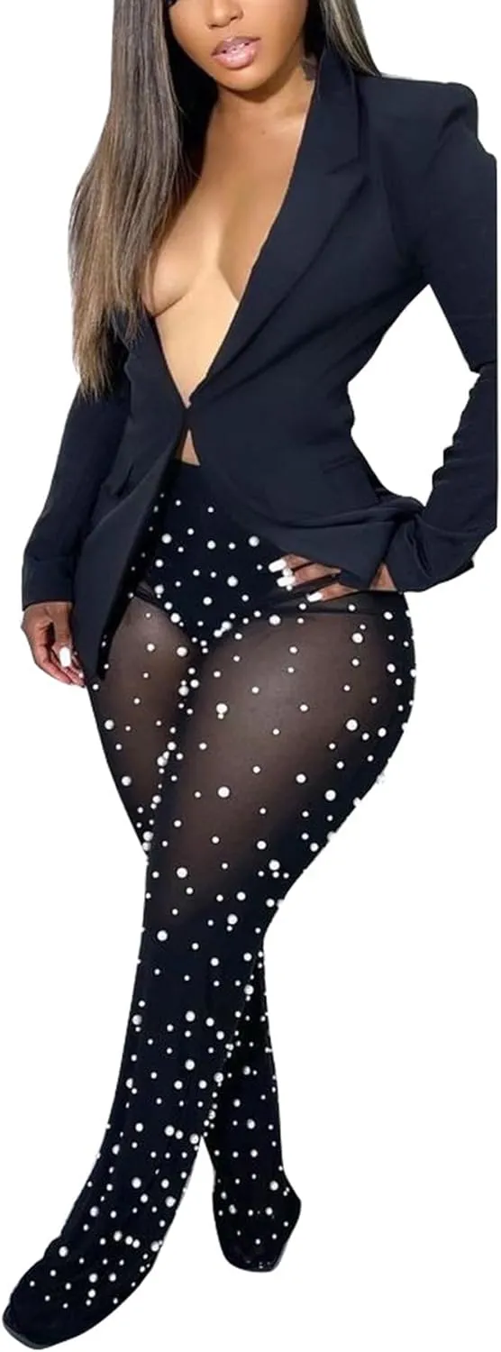Vakkest Womens 2 Piece Outfits Suits Sheer Mesh Bead Pants and Long Sleeve Business Casual Office Work Blazer Sets