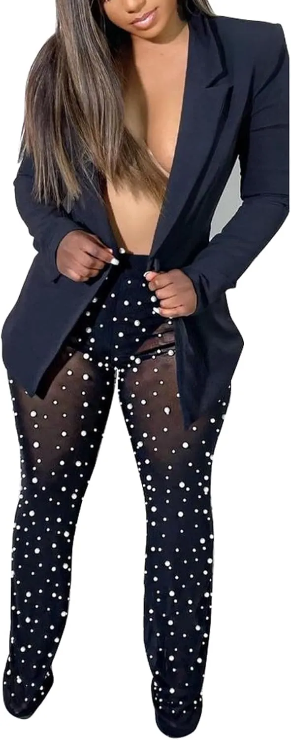 Vakkest Womens 2 Piece Outfits Suits Sheer Mesh Bead Pants and Long Sleeve Business Casual Office Work Blazer Sets