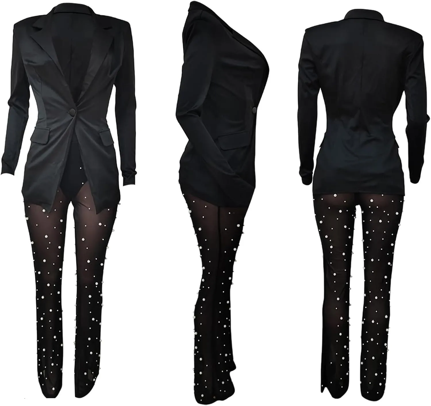 Vakkest Womens 2 Piece Outfits Suits Sheer Mesh Bead Pants and Long Sleeve Business Casual Office Work Blazer Sets
