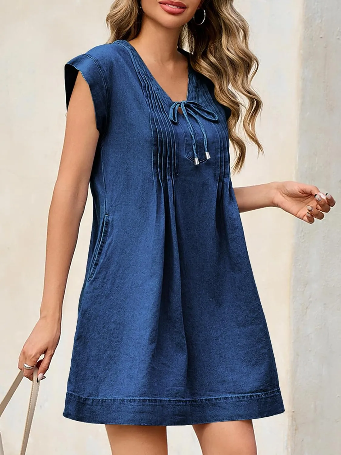 Wenrine Womens Denim Mini Dress Casual Summer Cap Sleeve Tie V Neck Loose Babydoll Jean Dresses