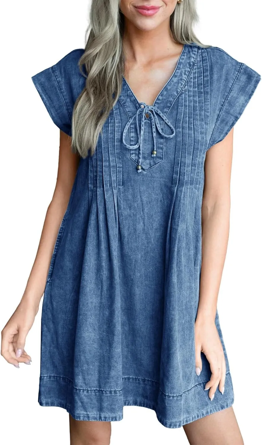 Wenrine Womens Denim Mini Dress Casual Summer Cap Sleeve Tie V Neck Loose Babydoll Jean Dresses