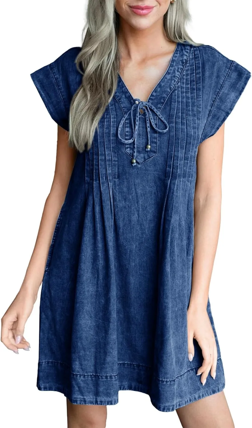 Wenrine Womens Denim Mini Dress Casual Summer Cap Sleeve Tie V Neck Loose Babydoll Jean Dresses