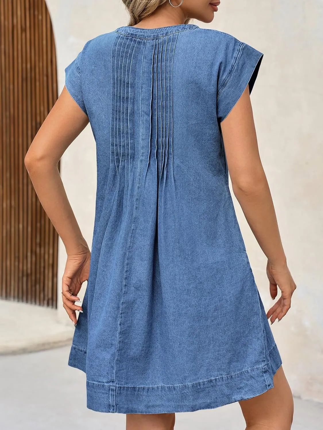 Wenrine Womens Denim Mini Dress Casual Summer Cap Sleeve Tie V Neck Loose Babydoll Jean Dresses