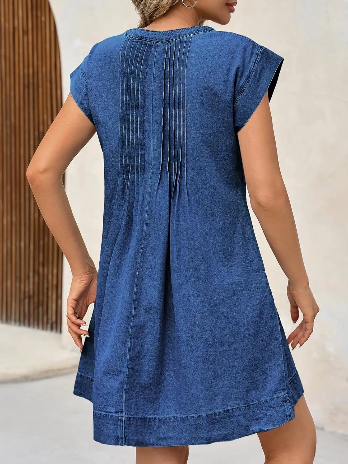 Wenrine Womens Denim Mini Dress Casual Summer Cap Sleeve Tie V Neck Loose Babydoll Jean Dresses