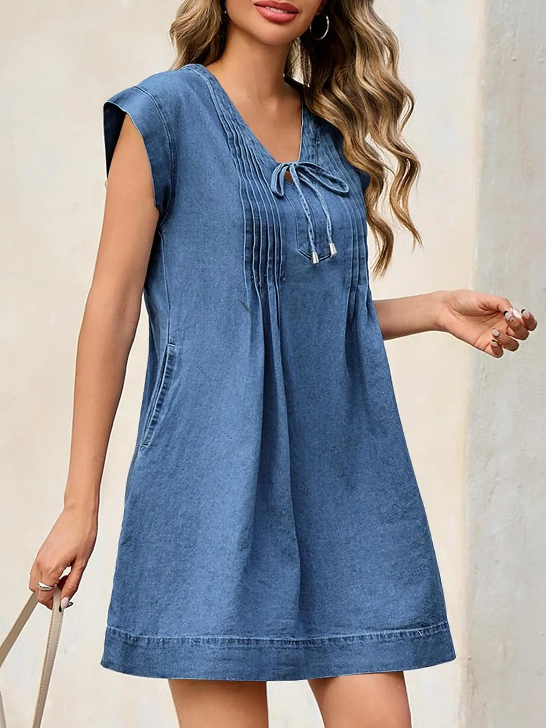 Wenrine Womens Denim Mini Dress Casual Summer Cap Sleeve Tie V Neck Loose Babydoll Jean Dresses