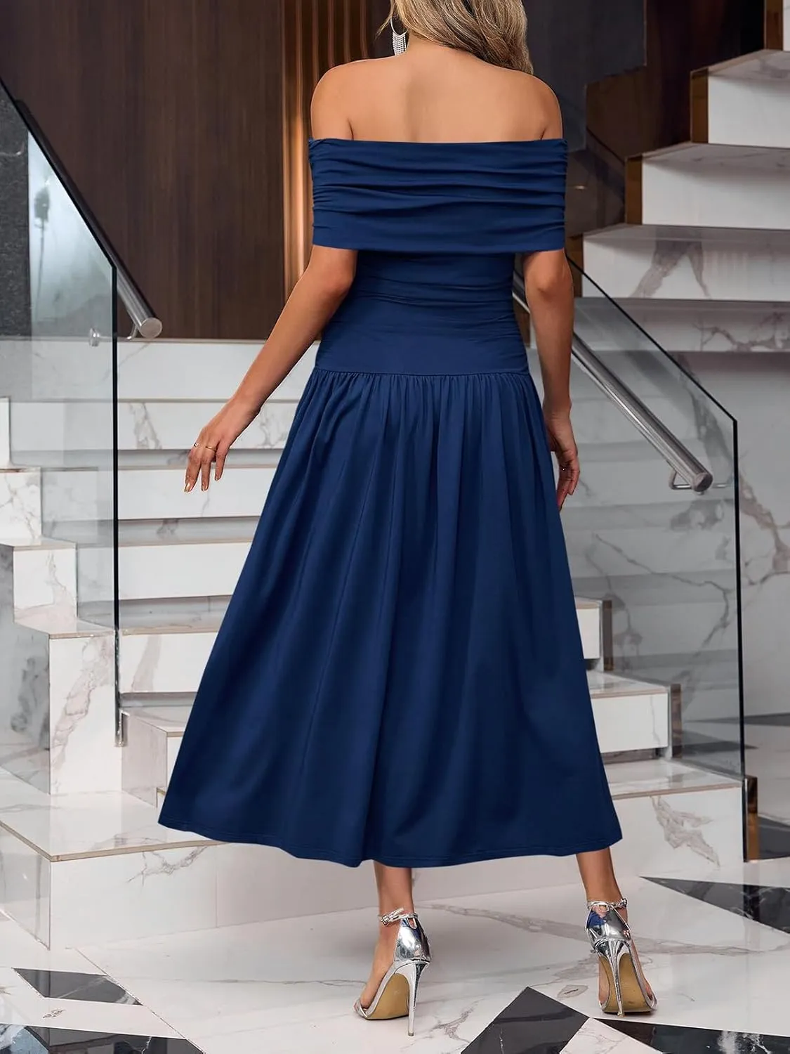 Wenrine Women's Off The Shoulder Maxi Dress Slim Ruched Sleeveless Formal Cocktails Party Long Dress