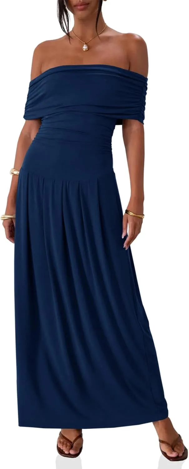 Wenrine Women's Off The Shoulder Maxi Dress Slim Ruched Sleeveless Formal Cocktails Party Long Dress