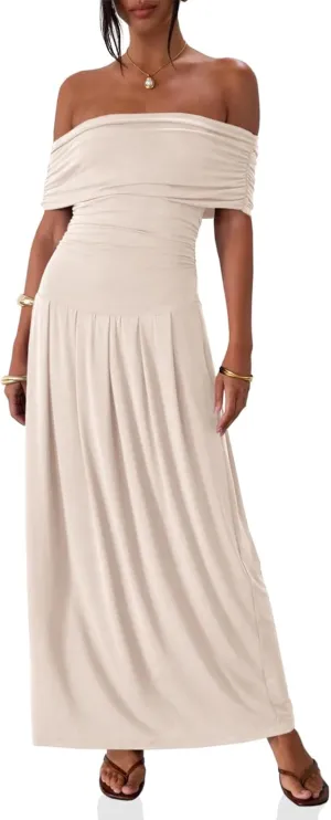 Wenrine Women's Off The Shoulder Maxi Dress Slim Ruched Sleeveless Formal Cocktails Party Long Dress