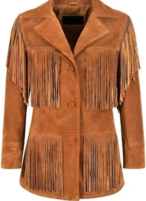 Western 100% Real Suede Cowgirl Leather Jacket Women, Native American Cowlady Brown Fringe Jacket
