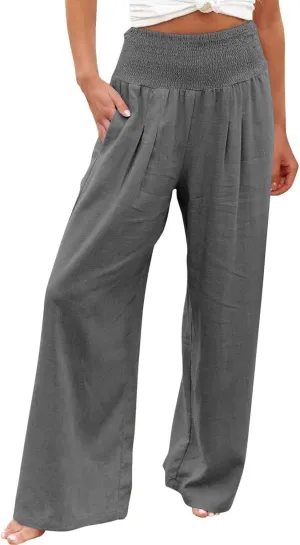 Wide Leg Linen Pants for Women Casual Elastic Waist Palazzo Pants Summer Loose Fit Solid Color Trousers 2025