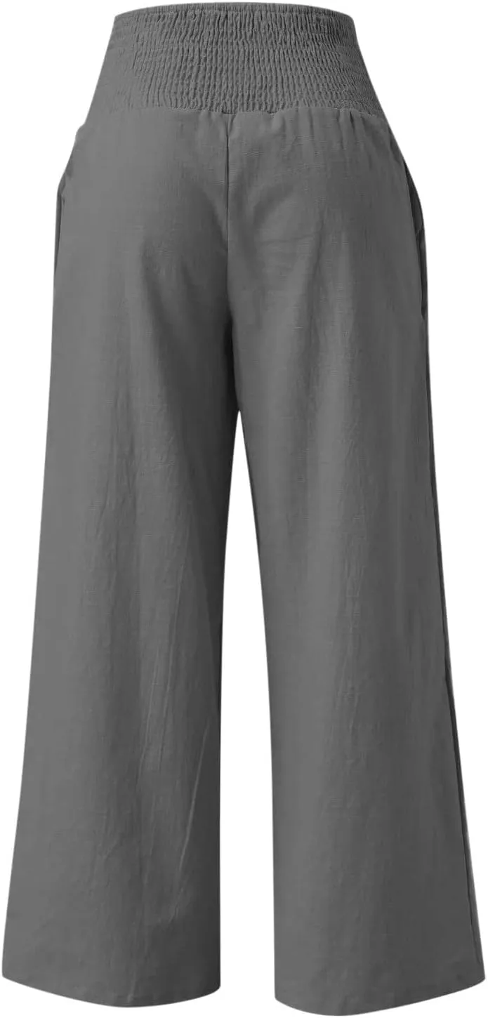 Wide Leg Linen Pants for Women Casual Elastic Waist Palazzo Pants Summer Loose Fit Solid Color Trousers 2025