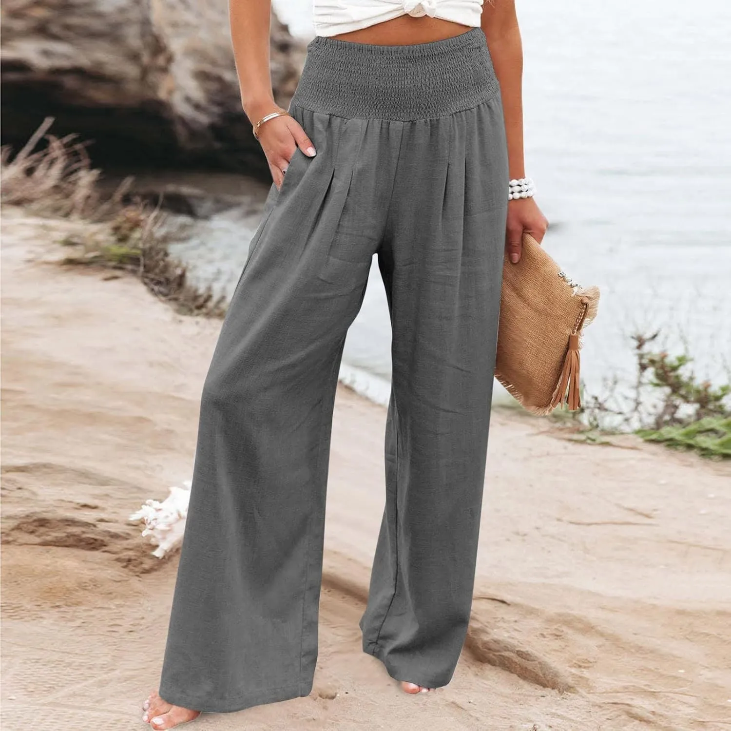 Wide Leg Linen Pants for Women Casual Elastic Waist Palazzo Pants Summer Loose Fit Solid Color Trousers 2025