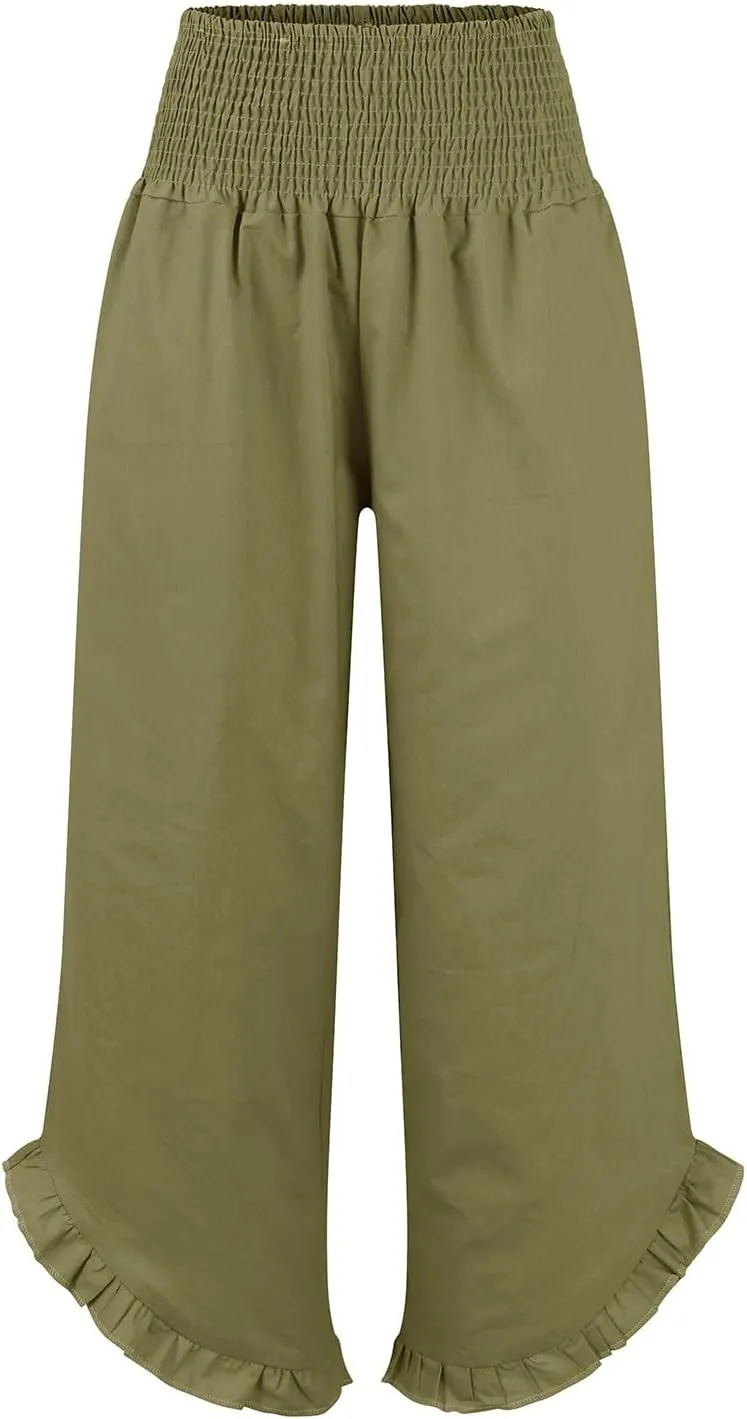 Wide Leg Linen Pants for Women Smocked Elastic Waist Ruffle Hem Palazzo Pants Summer Casual Loose Beach Pants