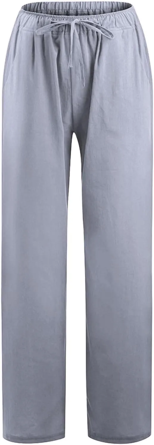 Wide Leg Linen Pants Women Summer Drawstring High Waisted Casual Pants Flowy Palazzo Pants Lightweight Beach Trousers
