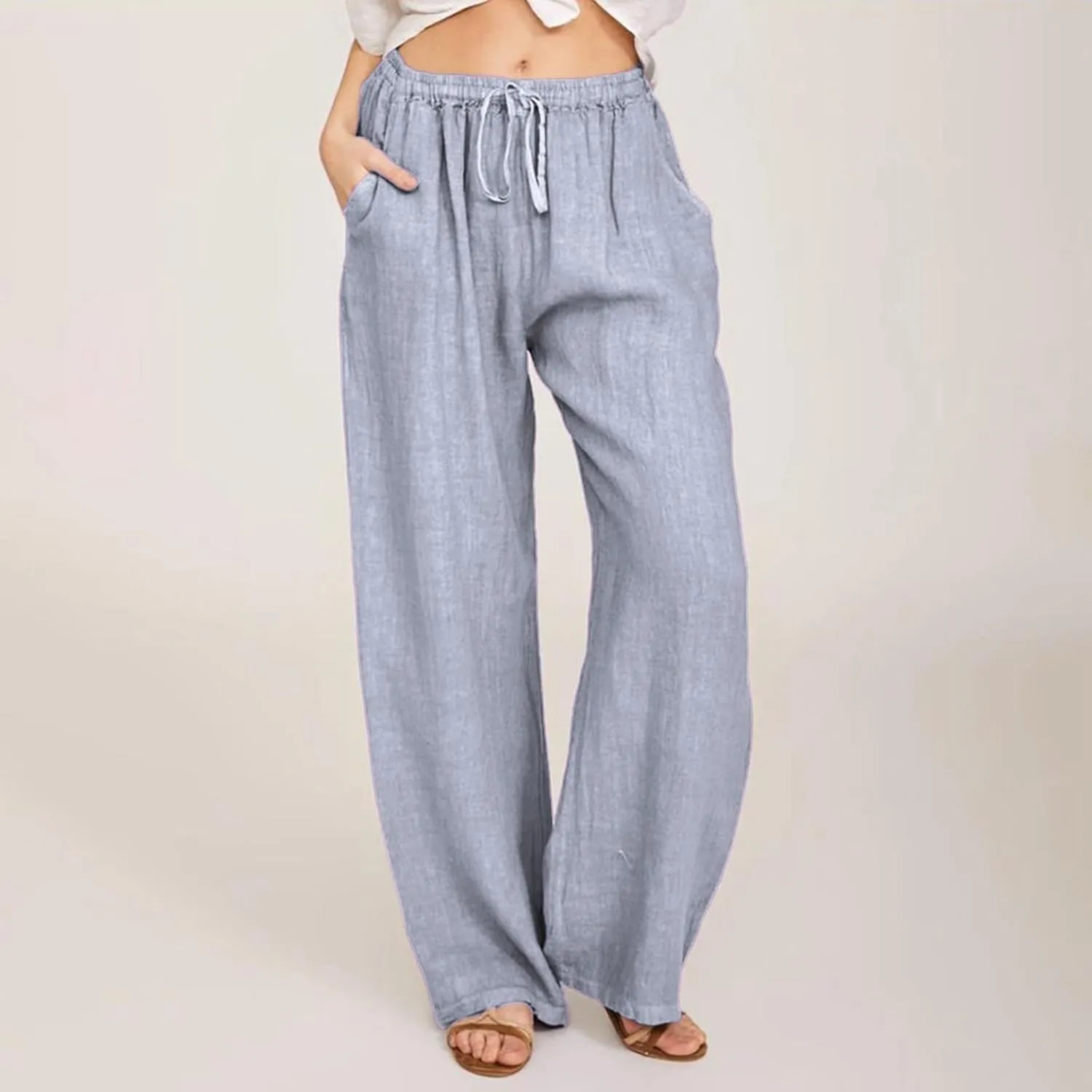 Wide Leg Linen Pants Women Summer Drawstring High Waisted Casual Pants Flowy Palazzo Pants Lightweight Beach Trousers