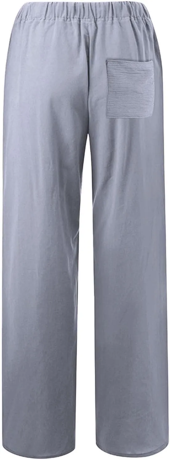 Wide Leg Linen Pants Women Summer Drawstring High Waisted Casual Pants Flowy Palazzo Pants Lightweight Beach Trousers