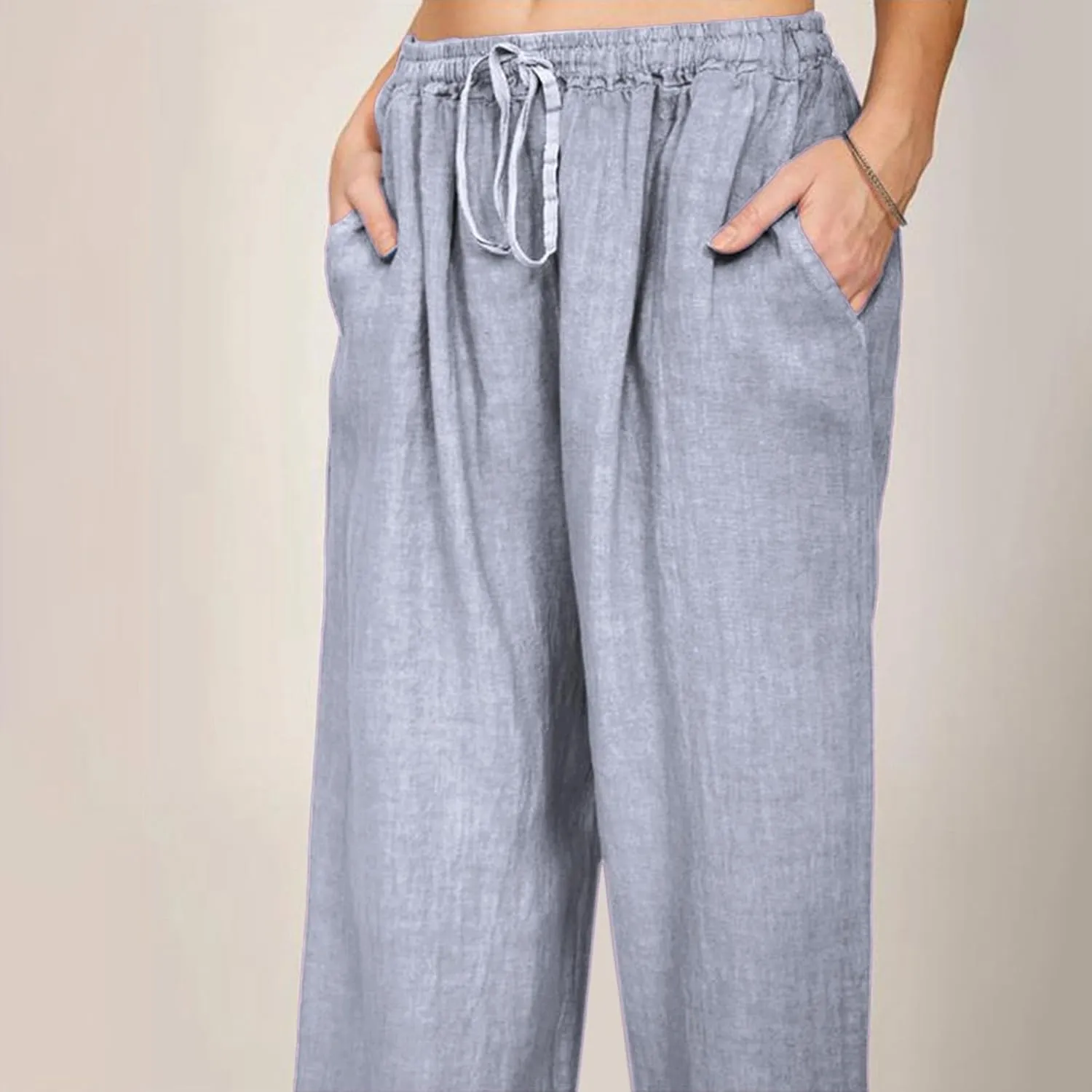 Wide Leg Linen Pants Women Summer Drawstring High Waisted Casual Pants Flowy Palazzo Pants Lightweight Beach Trousers