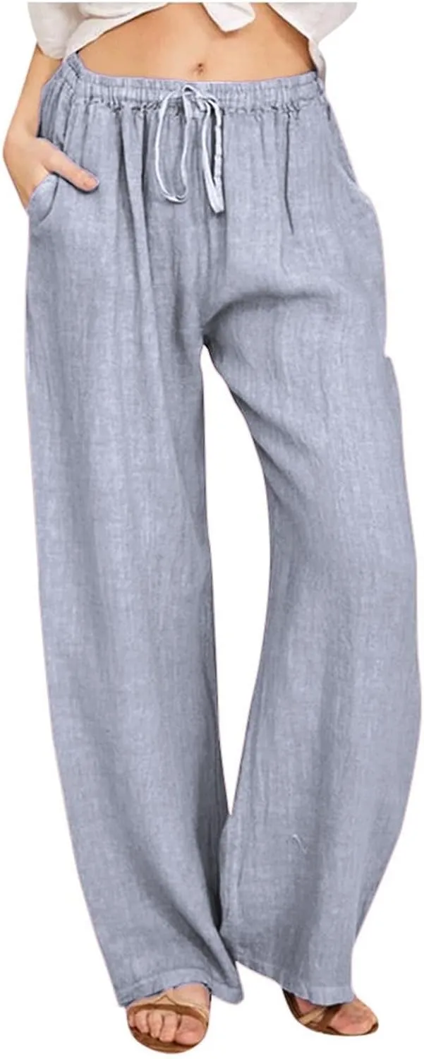 Wide Leg Linen Pants Women Summer Drawstring High Waisted Casual Pants Flowy Palazzo Pants Lightweight Beach Trousers