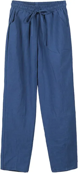 Wide Leg Pants for Women Summer Casual Drawstring Elastic Waist Cropped Pants Cotton Linen Trousers with Pockets
