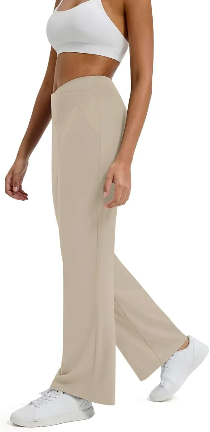 Wide Leg Yoga Pants for Women with Pockets Casual Crossover High Waisted Stretch Work Pants Comfy Loose Lounge Pants