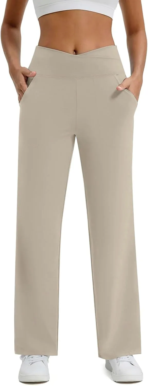 Wide Leg Yoga Pants for Women with Pockets Casual Crossover High Waisted Stretch Work Pants Comfy Loose Lounge Pants
