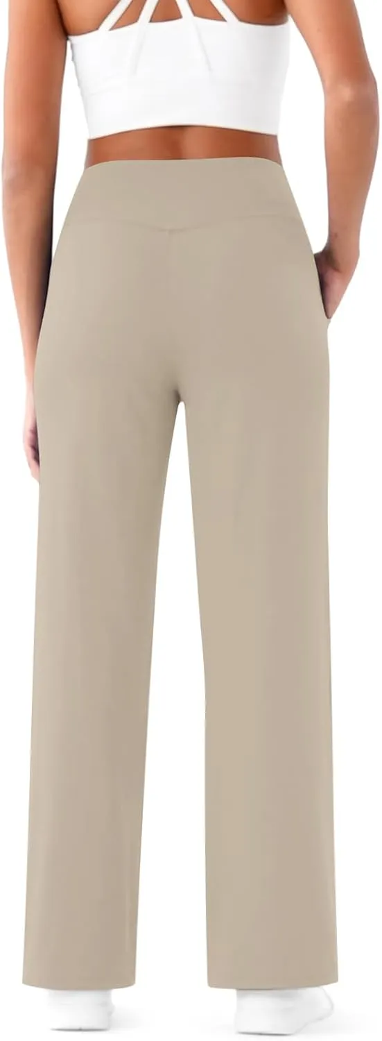 Wide Leg Yoga Pants for Women with Pockets Casual Crossover High Waisted Stretch Work Pants Comfy Loose Lounge Pants