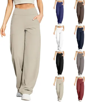 Wide Leg Yoga Pants for Women with Pockets Casual Crossover High Waisted Stretch Work Pants Comfy Loose Lounge Pants