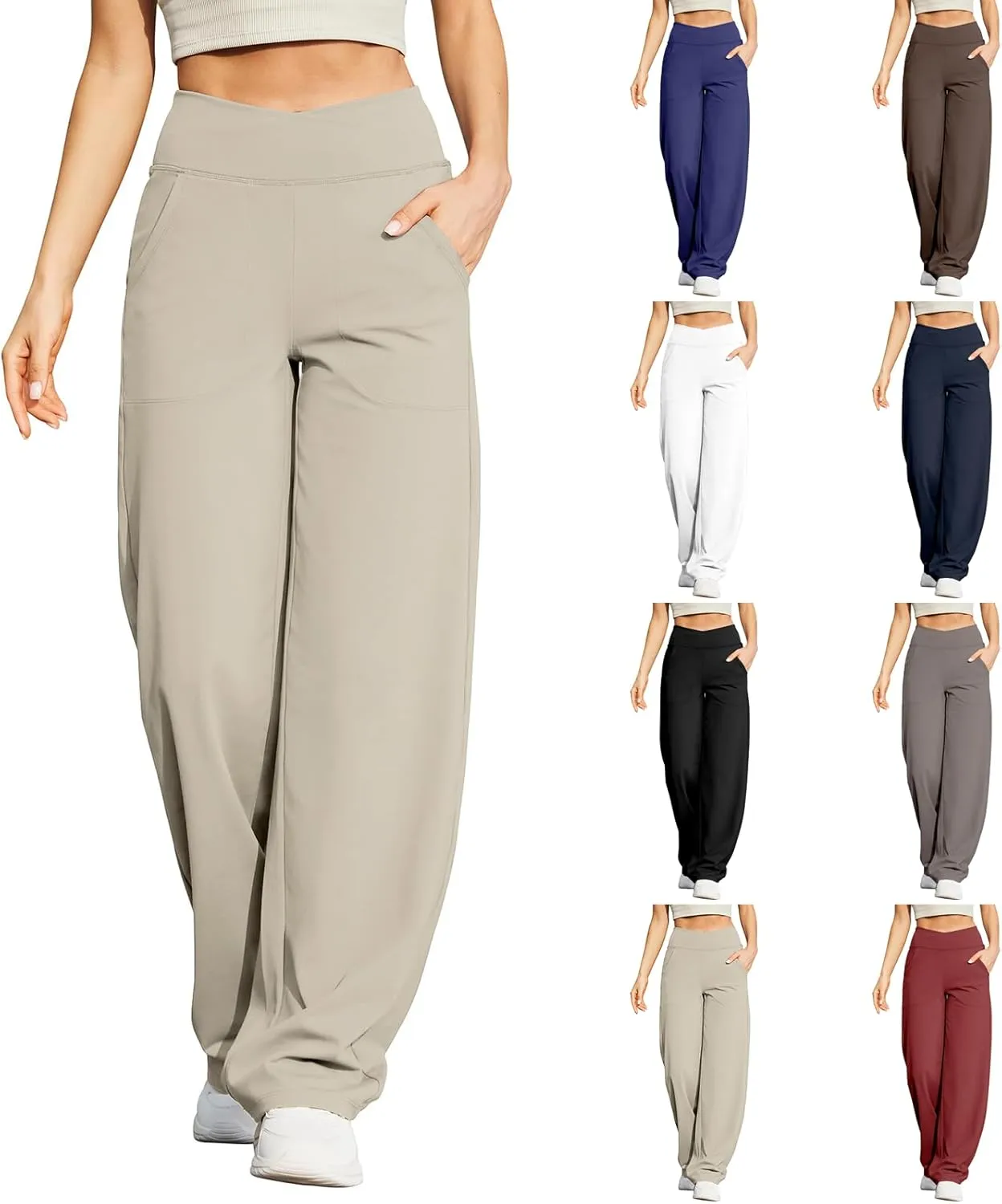 Wide Leg Yoga Pants for Women with Pockets Casual Crossover High Waisted Stretch Work Pants Comfy Loose Lounge Pants