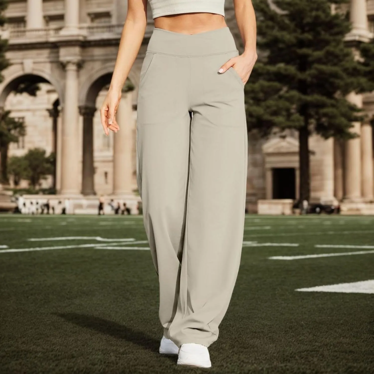 Wide Leg Yoga Pants for Women with Pockets Casual Crossover High Waisted Stretch Work Pants Comfy Loose Lounge Pants
