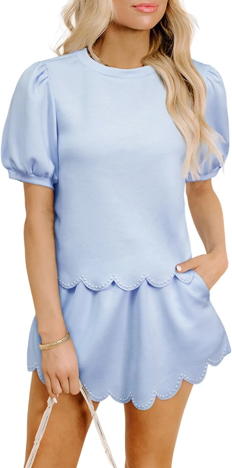 Wolddress Women's Summer 2 Piece Outfits Beau Blue Puff Sleeve Pearl Embellished Scallop Trim Top 2 Piece Skort Set