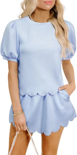 Wolddress Women's Summer 2 Piece Outfits Beau Blue Puff Sleeve Pearl Embellished Scallop Trim Top 2 Piece Skort Set