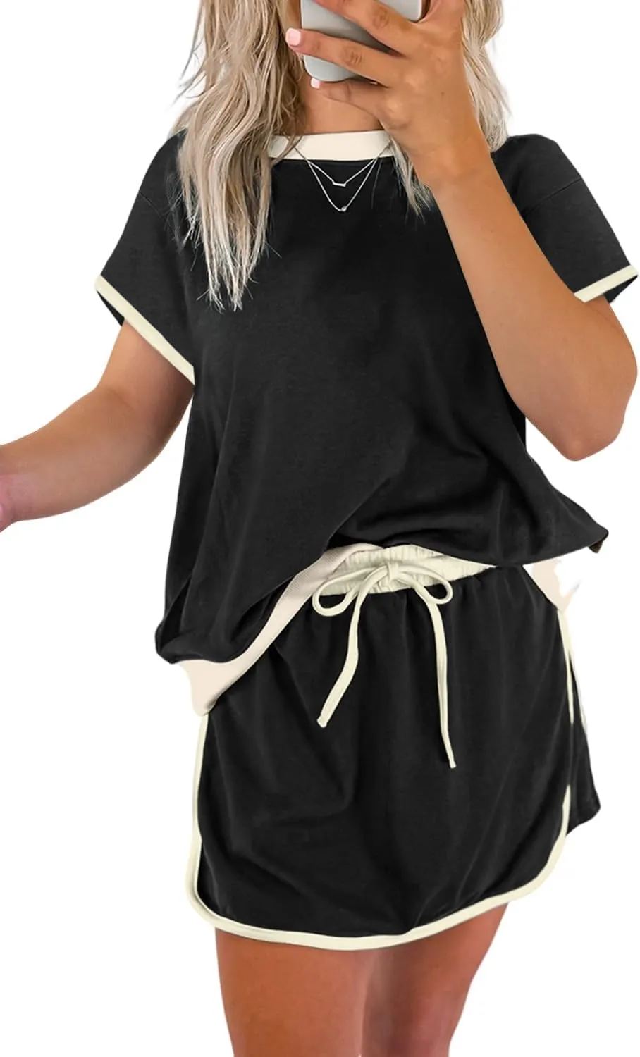 Wolddress Women's Summer 2 Piece Outfits Black Colorblock Edge Drop Shoulder T Shirt and Skort 2Pcs Set