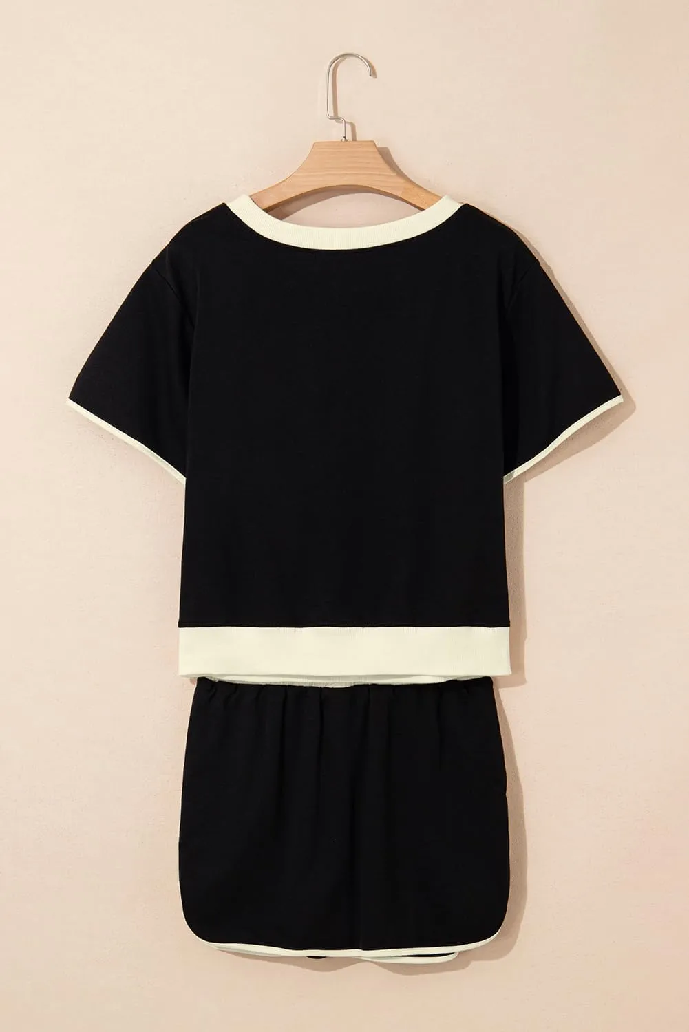 Wolddress Women's Summer 2 Piece Outfits Black Colorblock Edge Drop Shoulder T Shirt and Skort 2Pcs Set