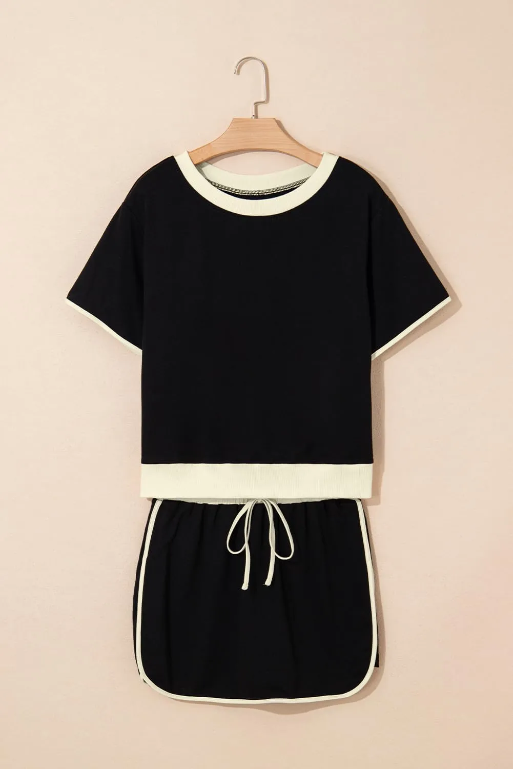 Wolddress Women's Summer 2 Piece Outfits Black Colorblock Edge Drop Shoulder T Shirt and Skort 2Pcs Set