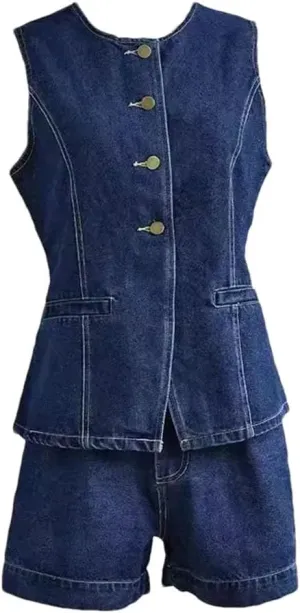 Women Casual High-Waisted Denim Skirt Set Women's Sleeveless Vest Denim Shorts