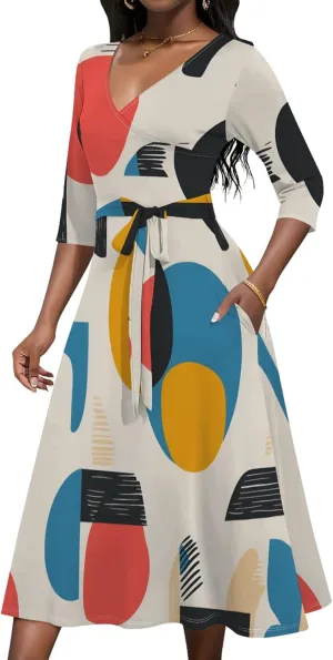 Women Fall Casual Dress 3/4 Sleeve Wrap Sundress Summer Club Party Plus Size Sexy Bodycon Midi Dresses with Pockets