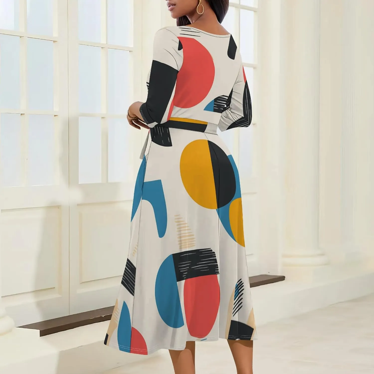 Women Fall Casual Dress 3/4 Sleeve Wrap Sundress Summer Club Party Plus Size Sexy Bodycon Midi Dresses with Pockets