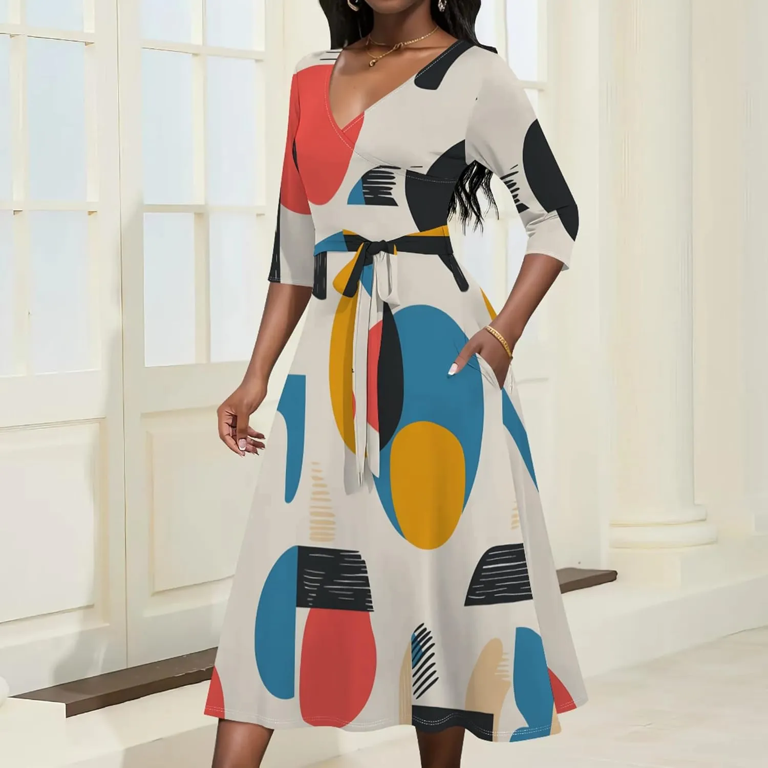 Women Fall Casual Dress 3/4 Sleeve Wrap Sundress Summer Club Party Plus Size Sexy Bodycon Midi Dresses with Pockets