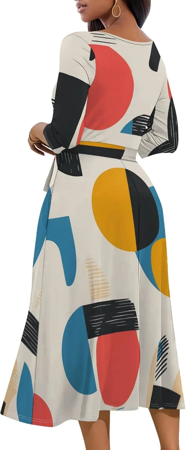 Women Fall Casual Dress 3/4 Sleeve Wrap Sundress Summer Club Party Plus Size Sexy Bodycon Midi Dresses with Pockets