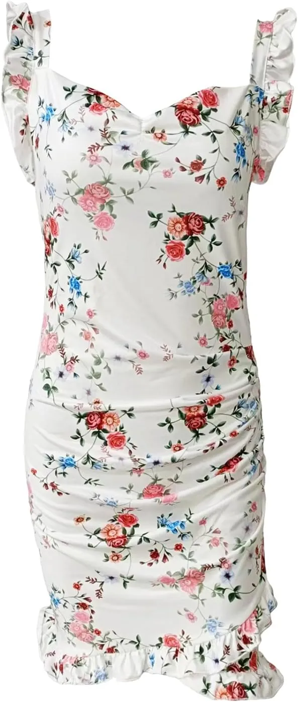Women Floral Bodycon Mini Dress Y2k Sexy Fly Sleeve V Neck Ruffle Dress 2023 Summer Casual Dresses Sundress