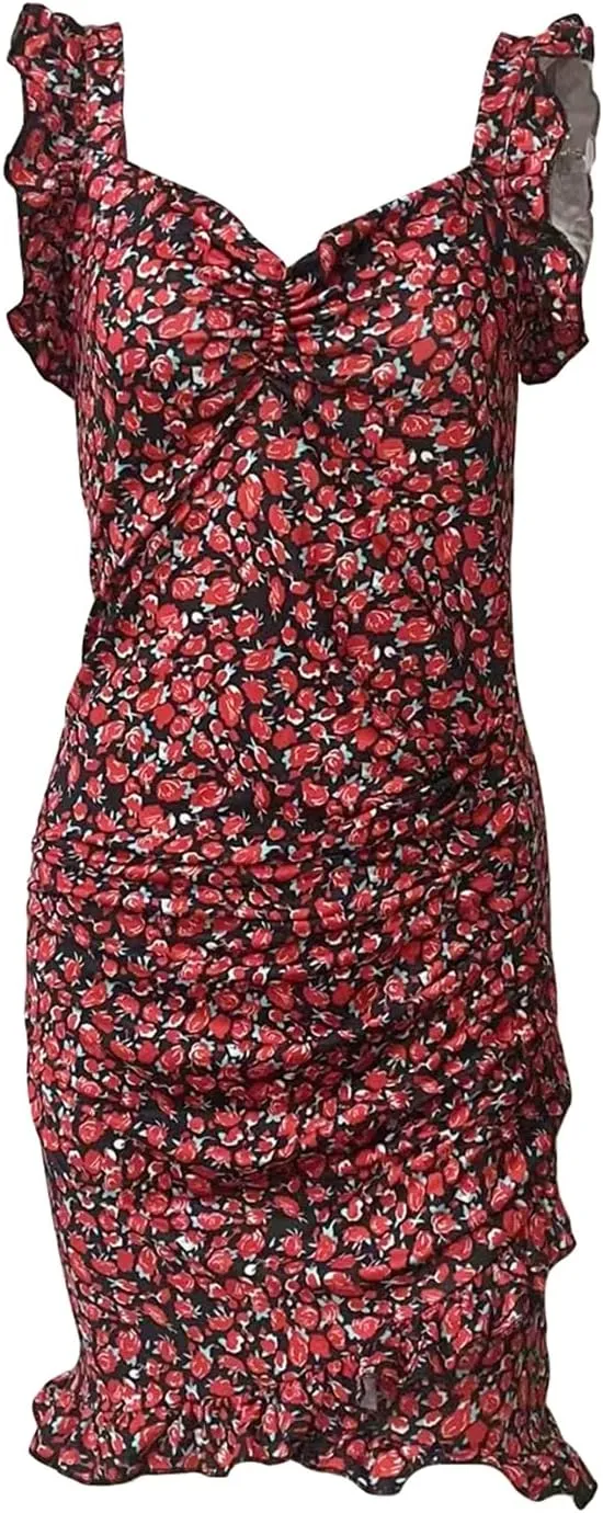 Women Floral Bodycon Mini Dress Y2k Sexy Fly Sleeve V Neck Ruffle Dress 2023 Summer Casual Dresses Sundress