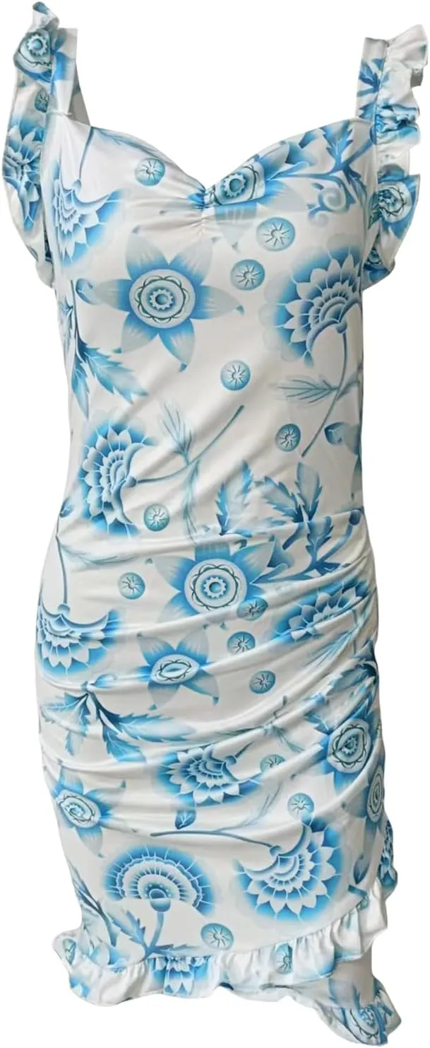 Women Floral Bodycon Mini Dress Y2k Sexy Fly Sleeve V Neck Ruffle Dress 2023 Summer Casual Dresses Sundress