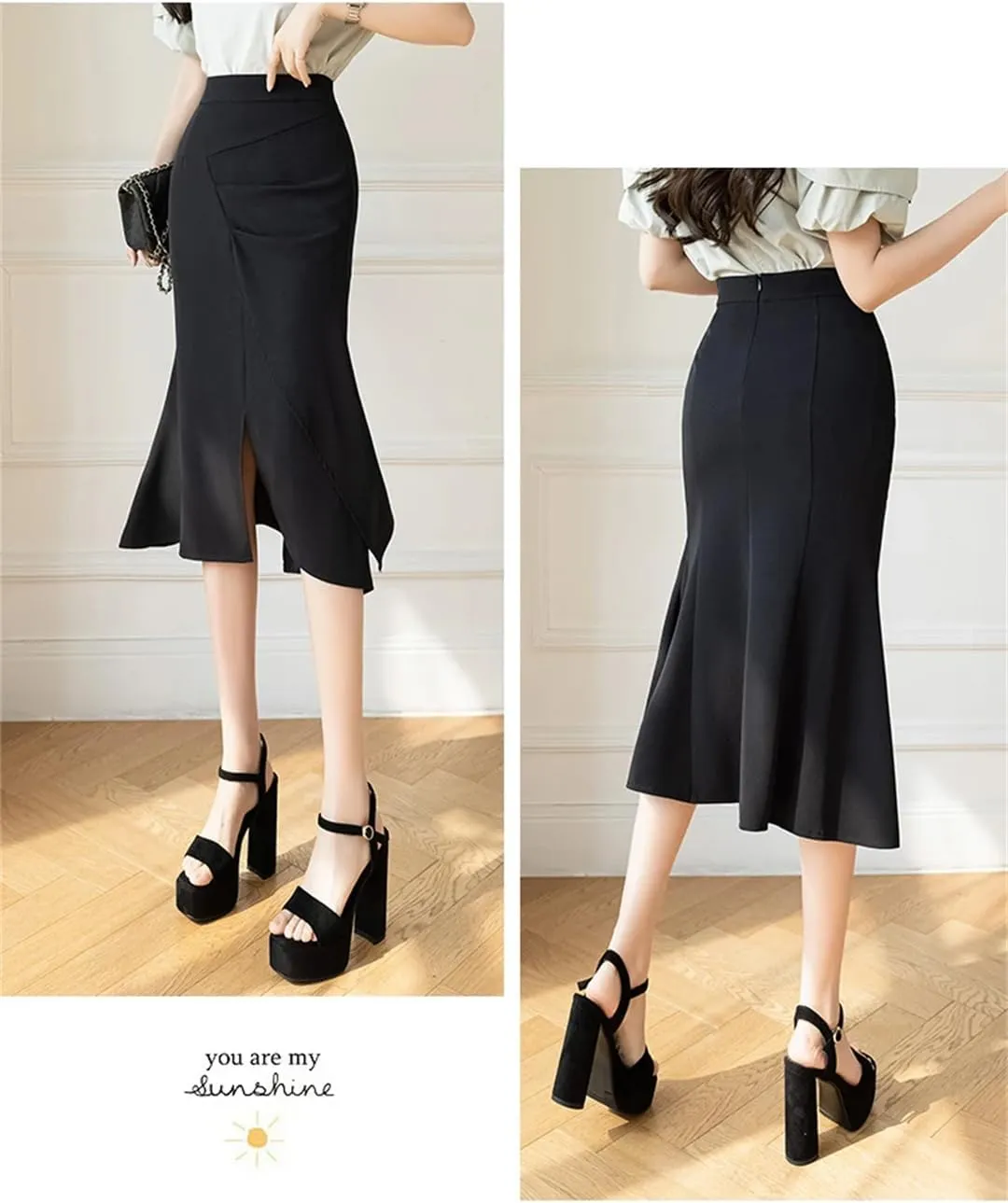 Women High Waist Sexy Split Patchwork Pleated Wrap Skirt Slim Cute Bodycon Fishtail Midi Skirts