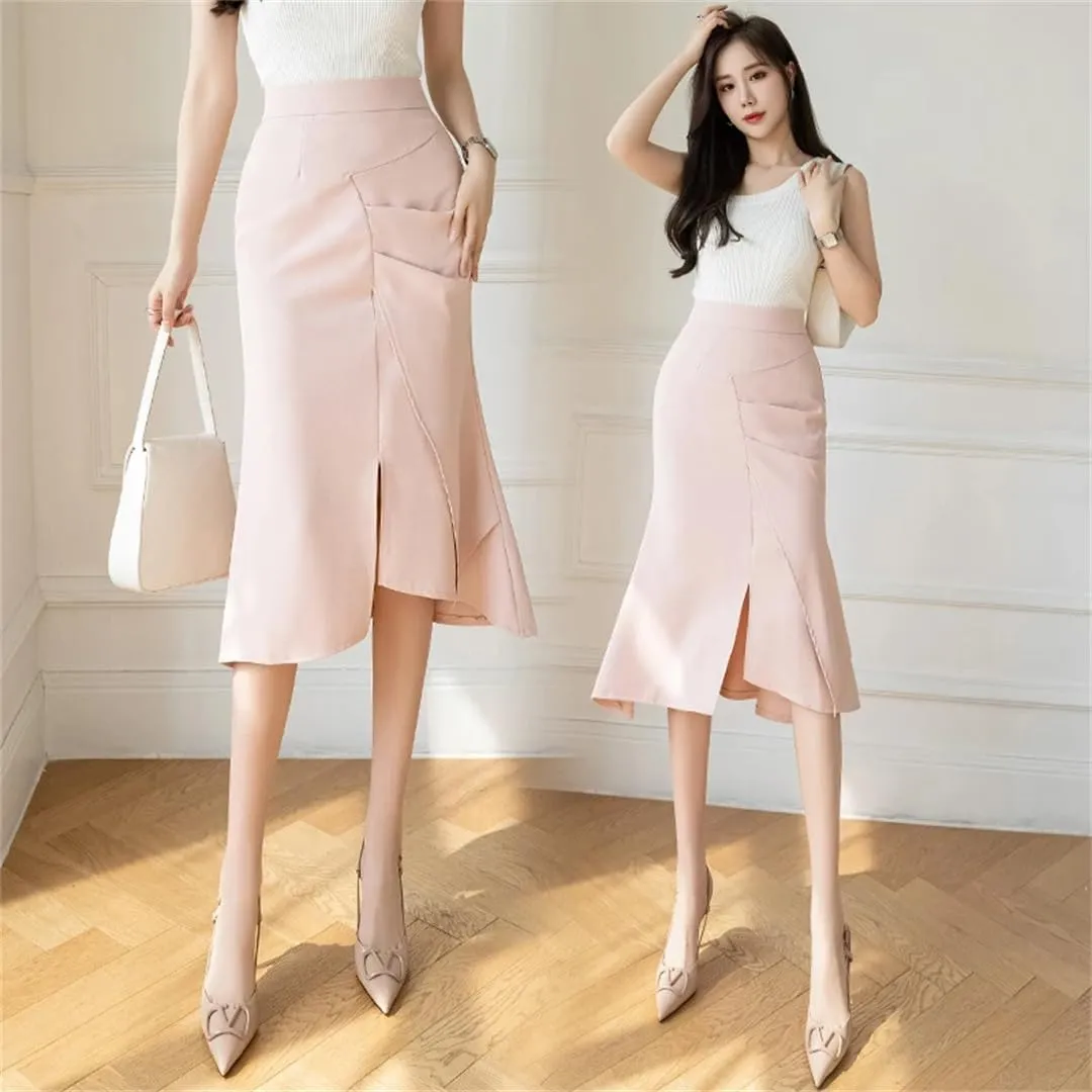 Women High Waist Sexy Split Patchwork Pleated Wrap Skirt Slim Cute Bodycon Fishtail Midi Skirts