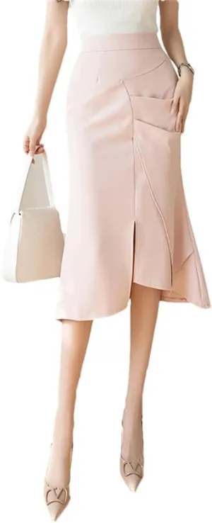 Women High Waist Sexy Split Patchwork Pleated Wrap Skirt Slim Cute Bodycon Fishtail Midi Skirts
