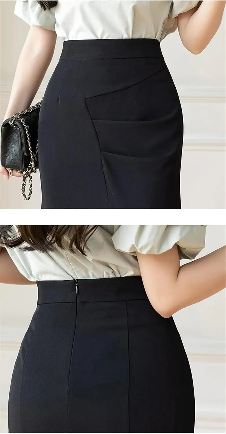 Women High Waist Sexy Split Patchwork Pleated Wrap Skirt Slim Cute Bodycon Fishtail Midi Skirts